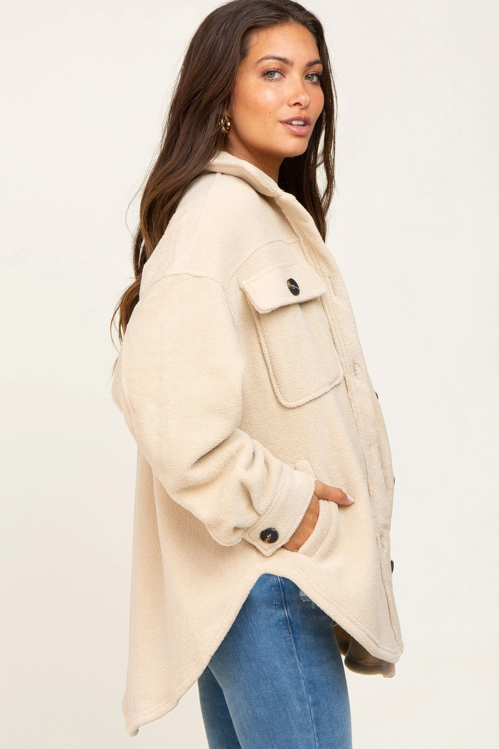 Beige Fleece Maternity Shirt Jacket