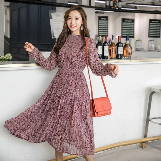 BGTEEVER Elegant Stand Collar Floral Print Women Dress Full Sleeve