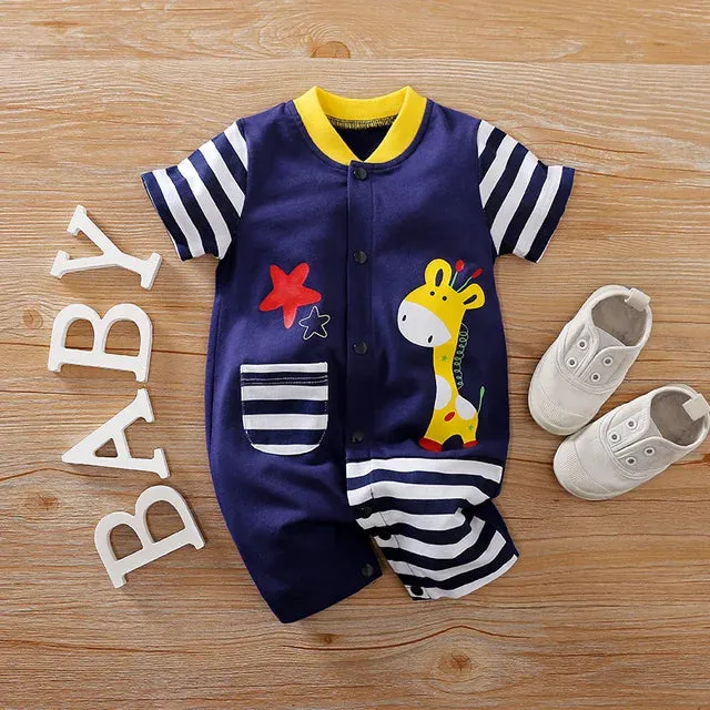 Cartoon Giraffe Printed Cotton Casual BabyJumpsuit