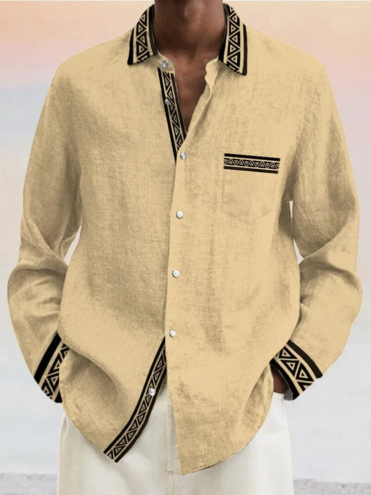 Casual Contrast Pattern Cotton Linen Shirt