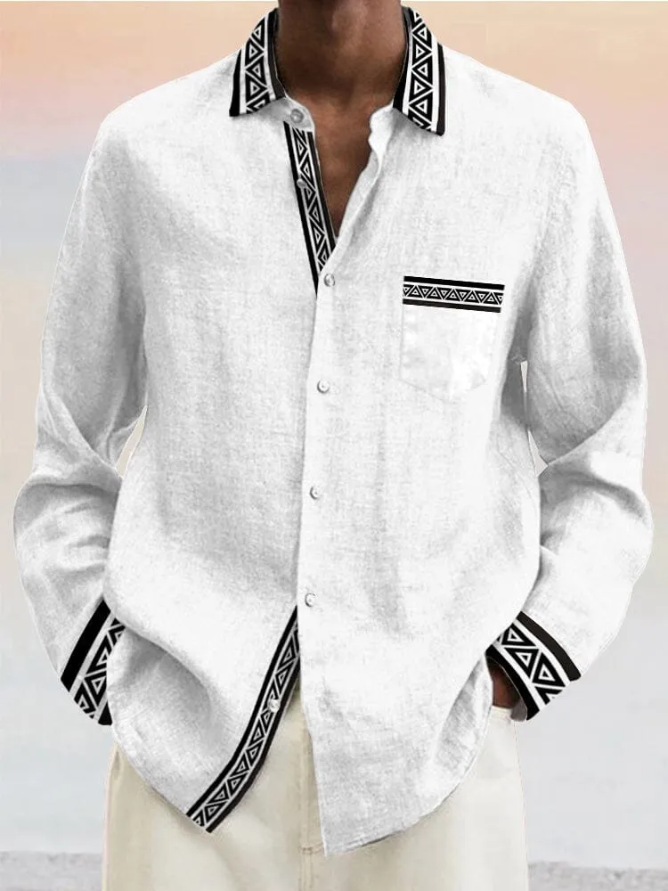 Casual Contrast Pattern Cotton Linen Shirt