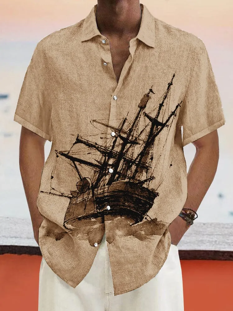 Casual Sailboat Graphic Cotton Linen Shirt