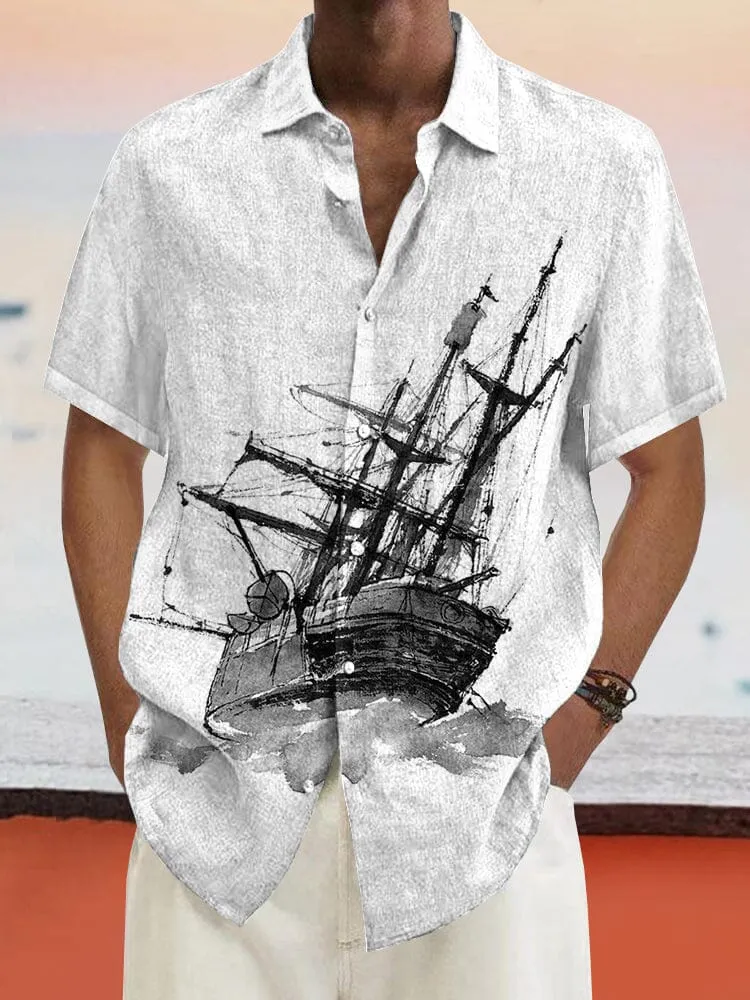 Casual Sailboat Graphic Cotton Linen Shirt