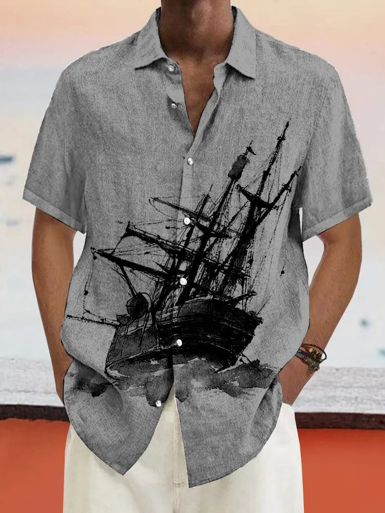 Casual Sailboat Graphic Cotton Linen Shirt