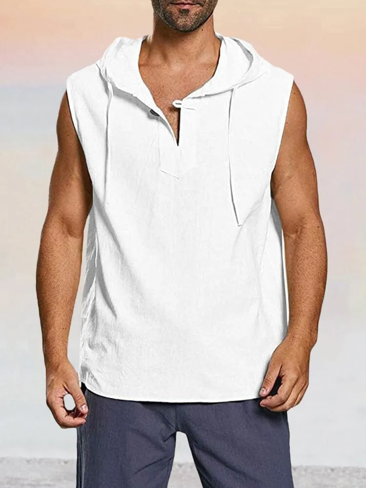 Casual Solid Cotton Linen Hooded Tank Top