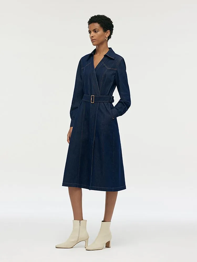 Denim Lapel Women Midi Dress With Belt