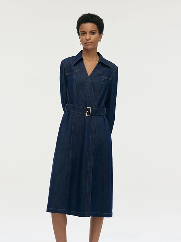 Denim Lapel Women Midi Dress With Belt