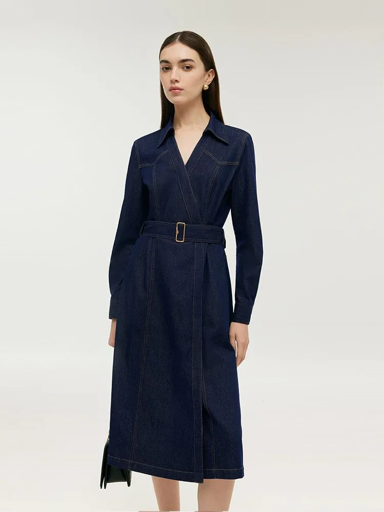 Denim Lapel Women Midi Dress With Belt