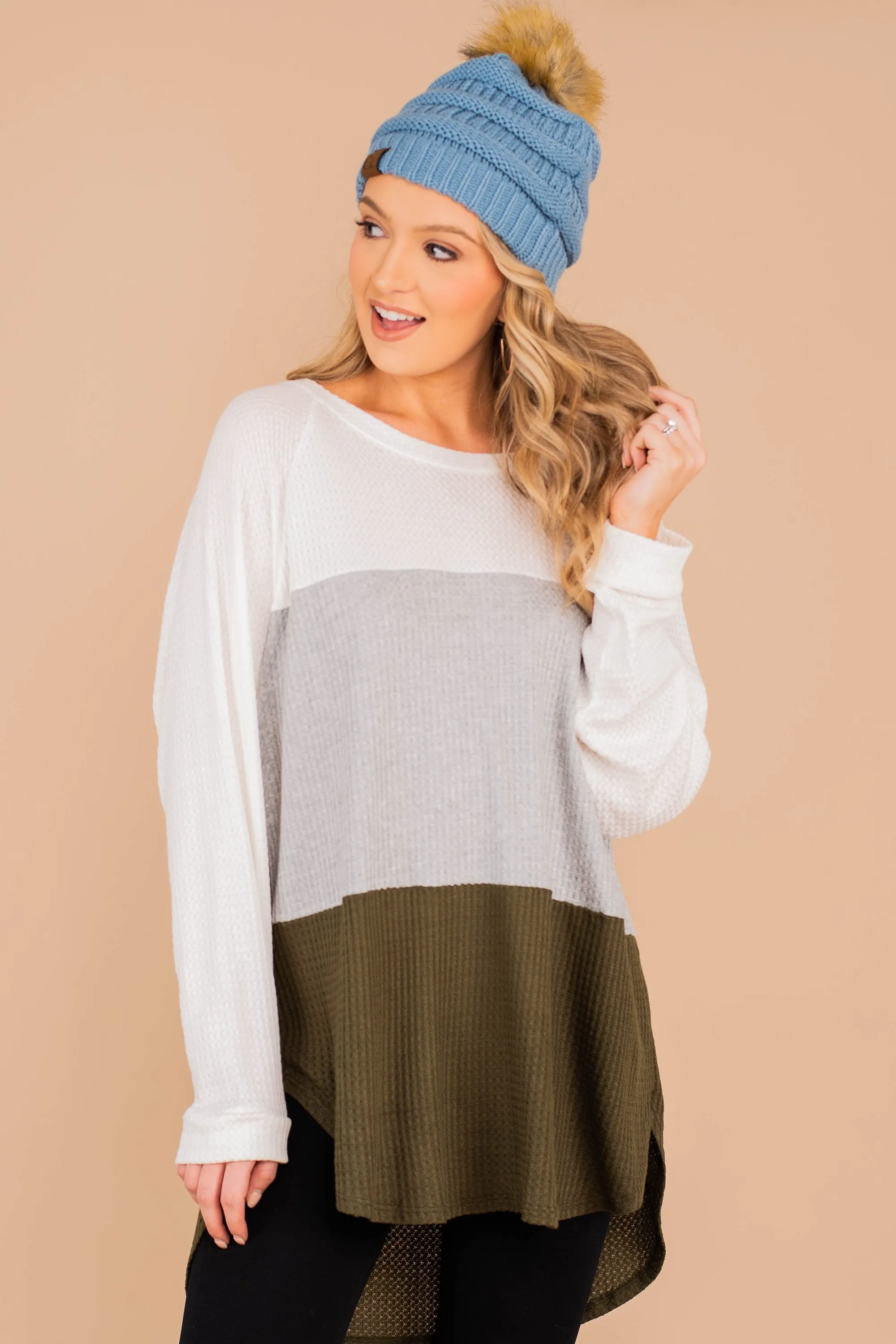 Easy Like Sunday Olive Green Colorblock Waffle Tunic