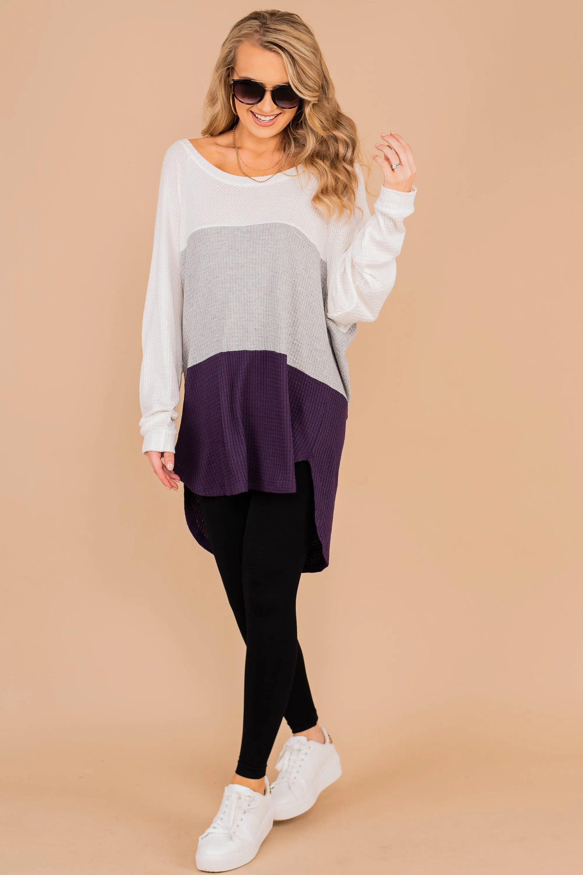 Easy Like Sunday Purple Colorblock Waffle Tunic