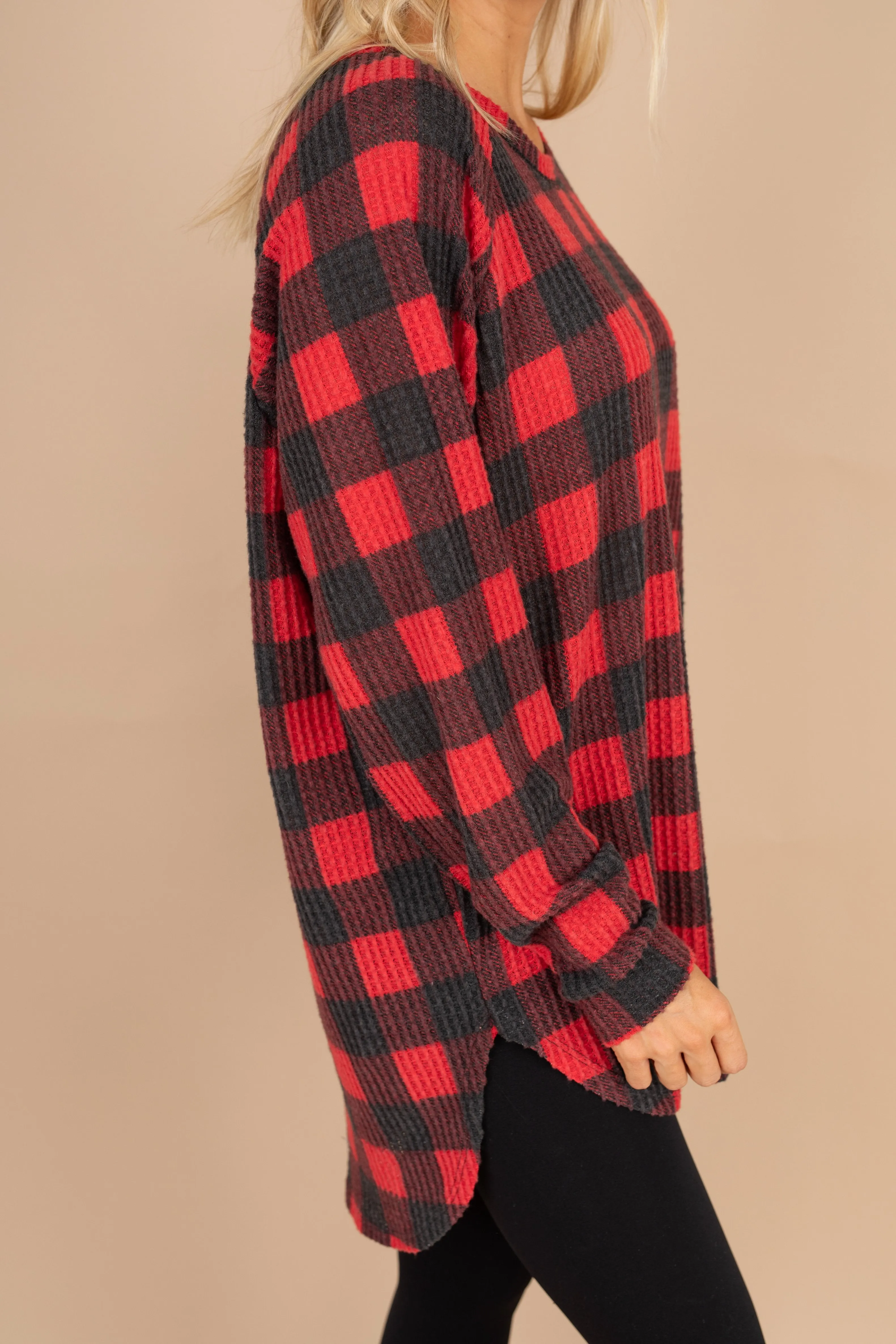 Easy Like Sunday Red Buffalo Plaid Waffle Tunic