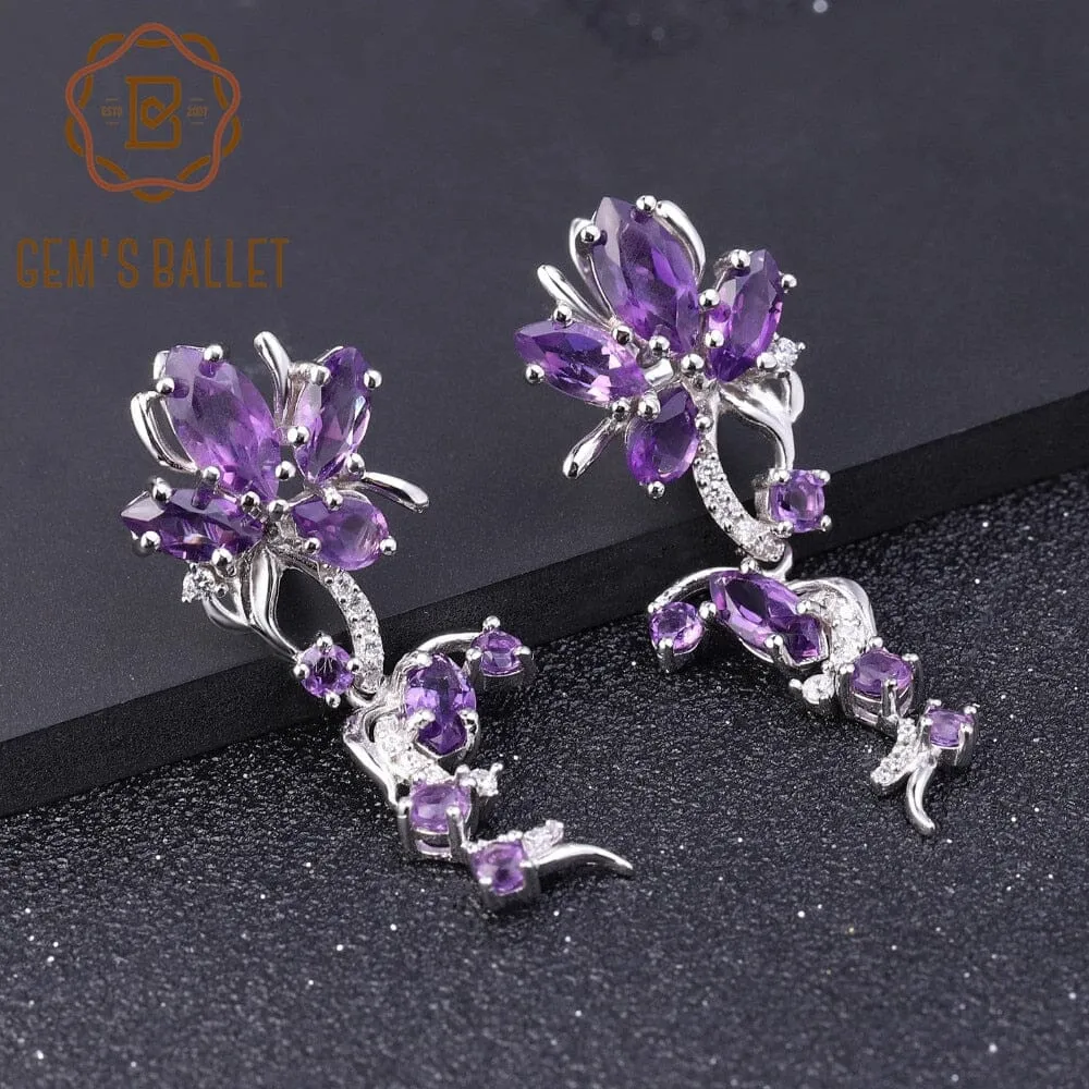 Elegant Amethyst Flower Drop Earrings - 925 Sterling Silver