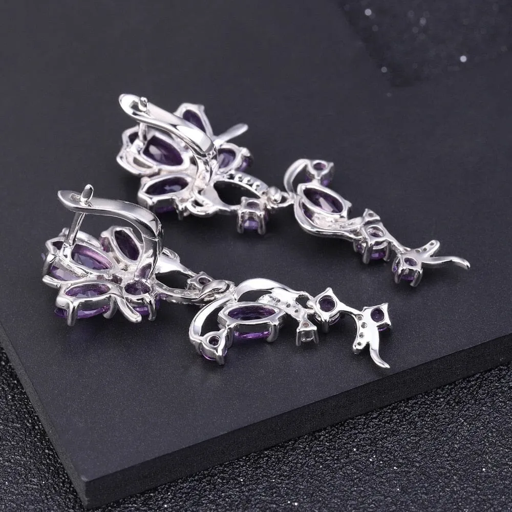 Elegant Amethyst Flower Drop Earrings - 925 Sterling Silver