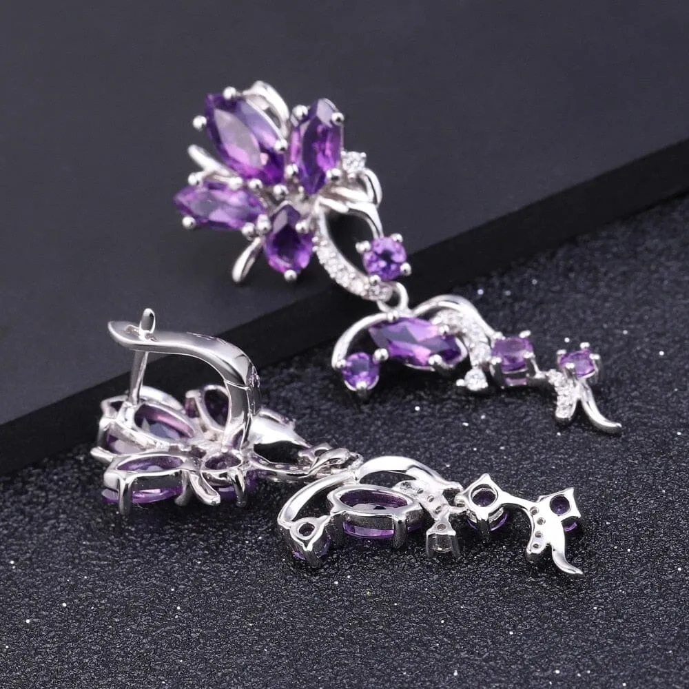 Elegant Amethyst Flower Drop Earrings - 925 Sterling Silver