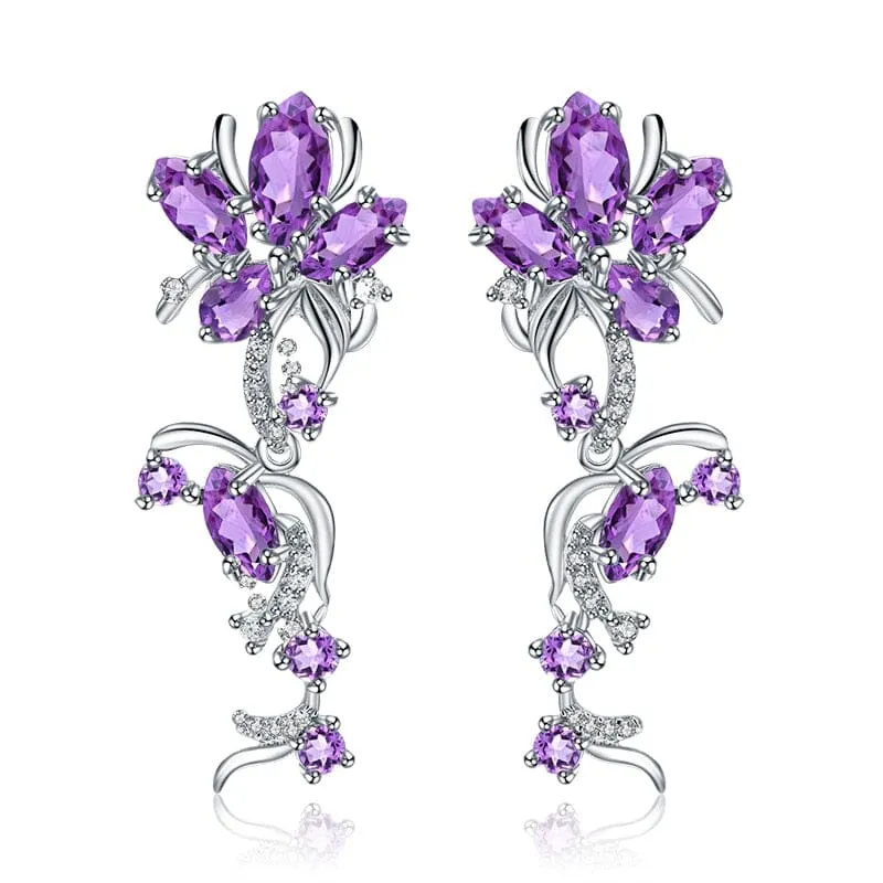 Elegant Amethyst Flower Drop Earrings - 925 Sterling Silver