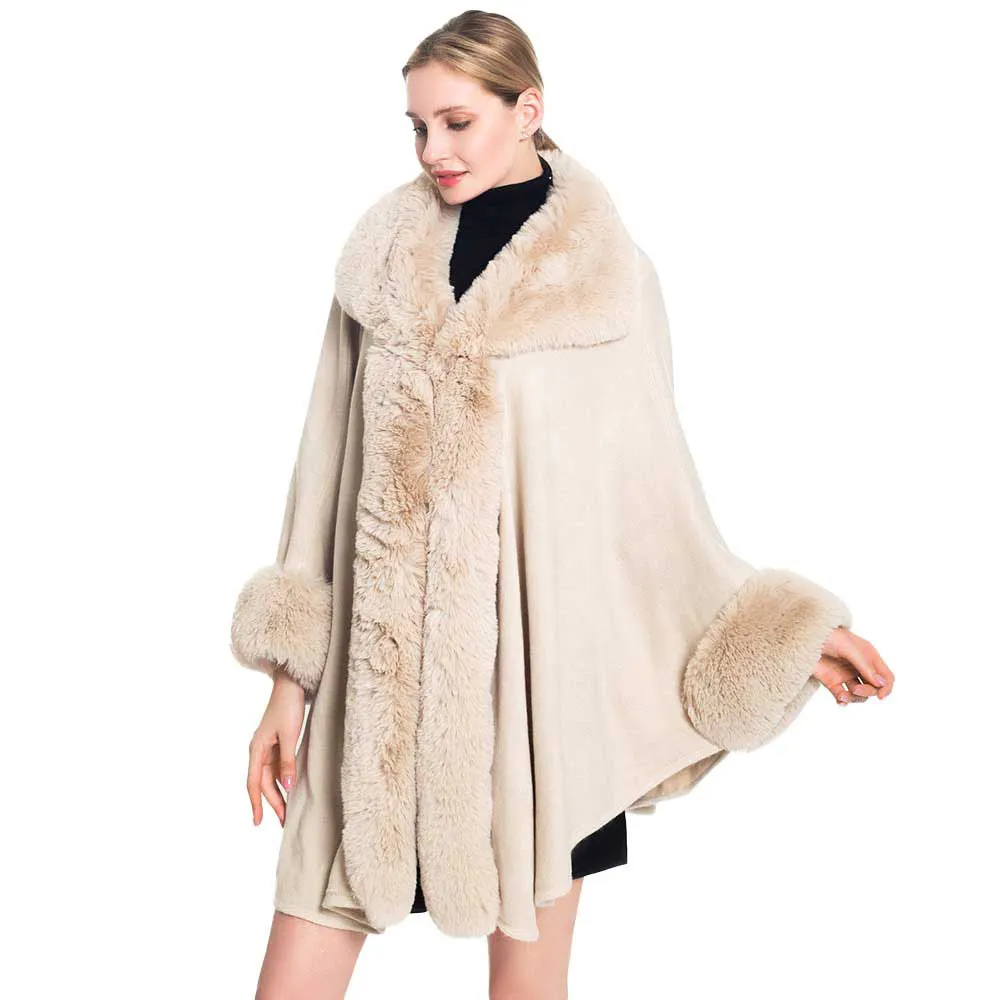 Elegant Faux Fur Trim Poncho Ruana Wrap