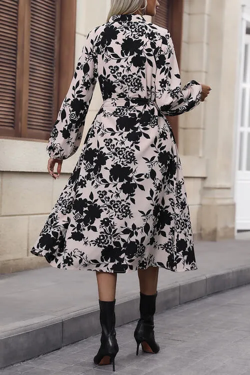 Elegant Ivory Floral Tie Waist Dress