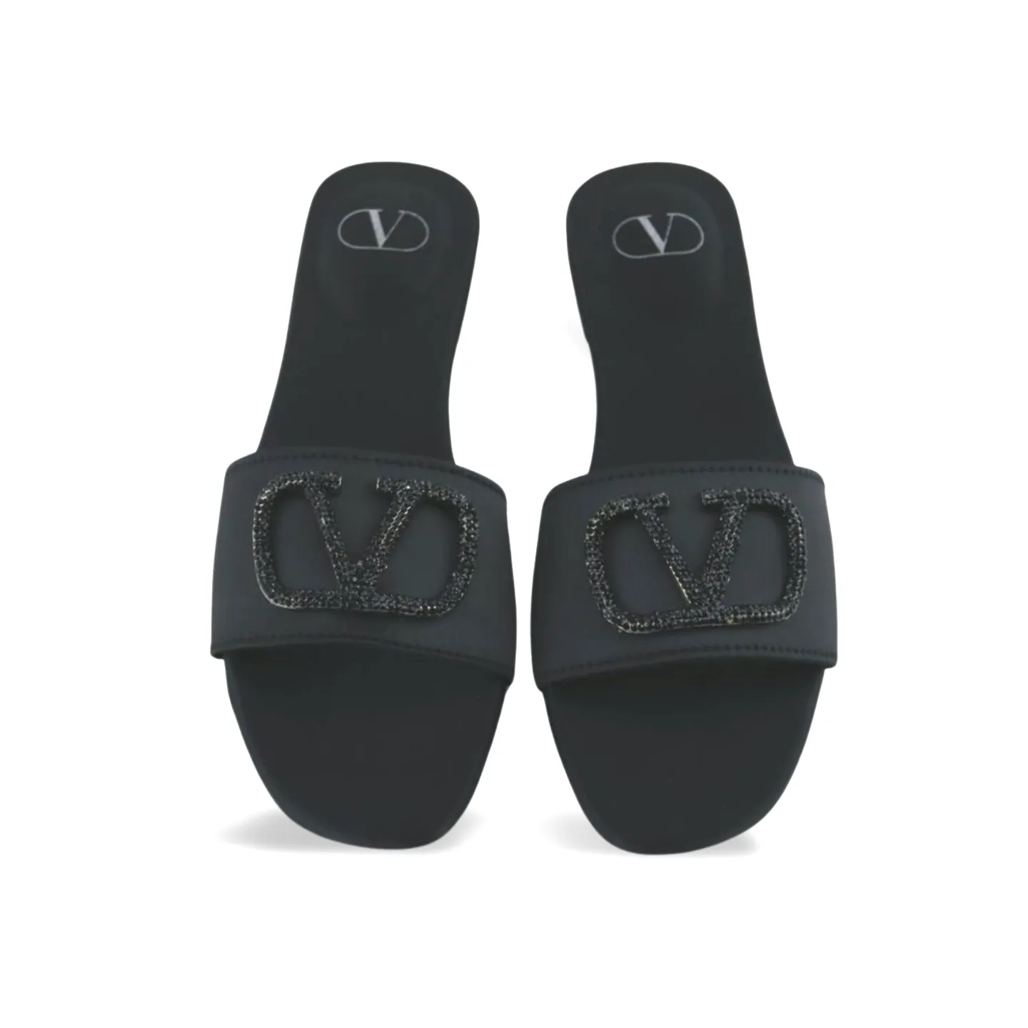 Elegant Satin Slides with V Logo Crystal Embellishment -1012