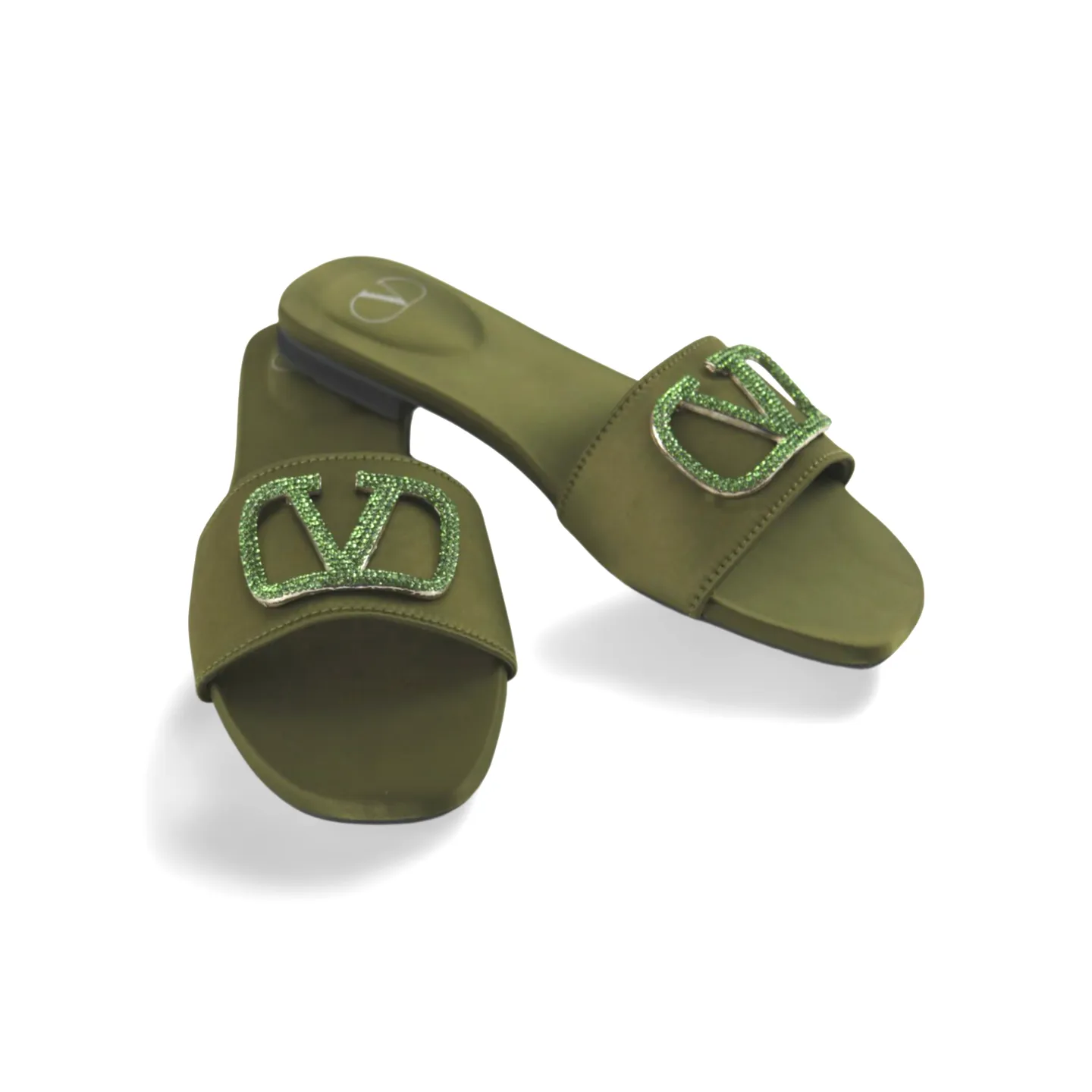 Elegant Satin Slides with V Logo Crystal Embellishment -1012