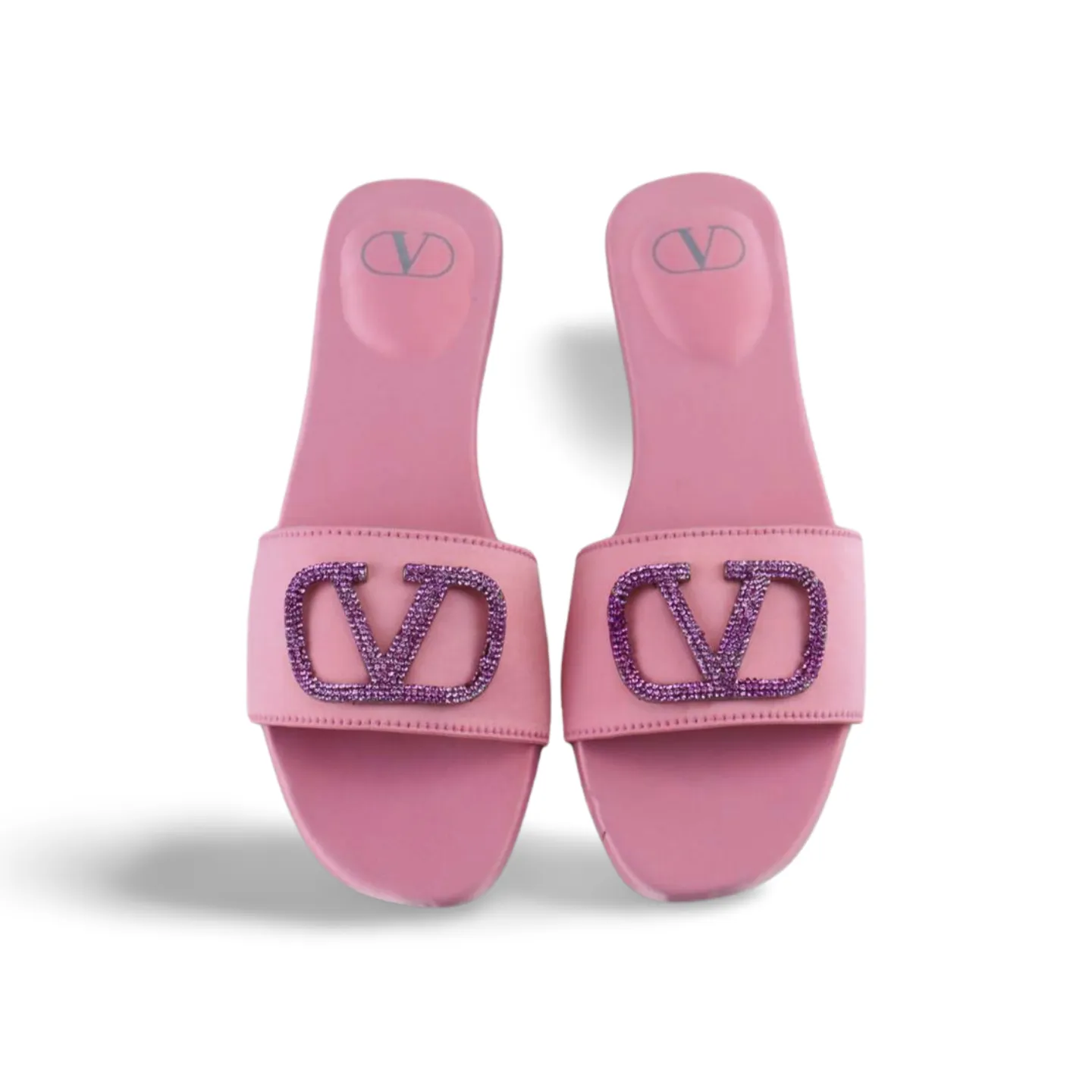 Elegant Satin Slides with V Logo Crystal Embellishment -1012