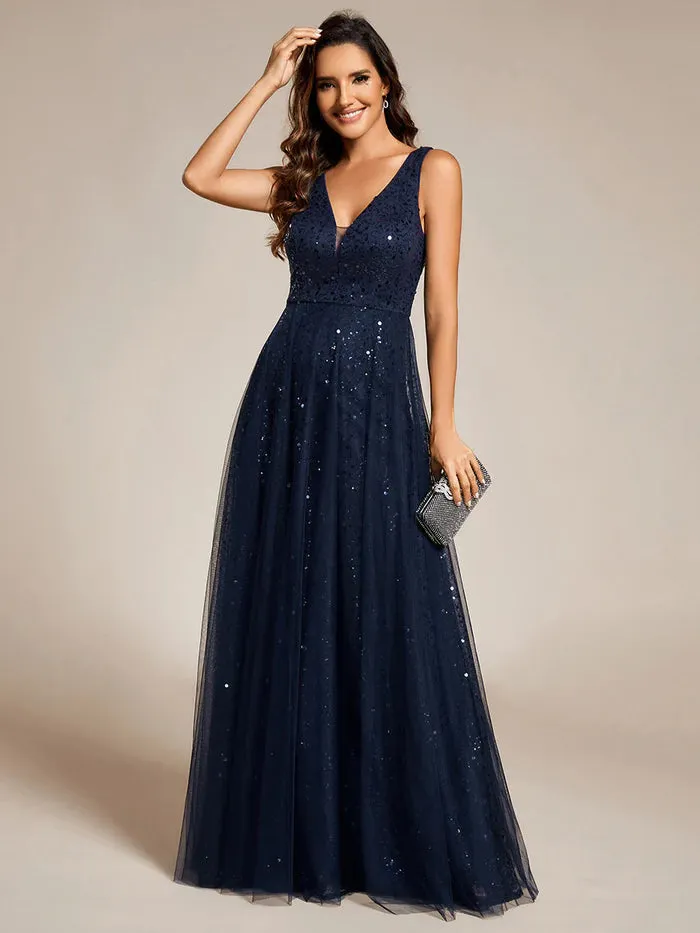 Elegant V-Neck Backless Sequin Evening Dress with Sleeveless