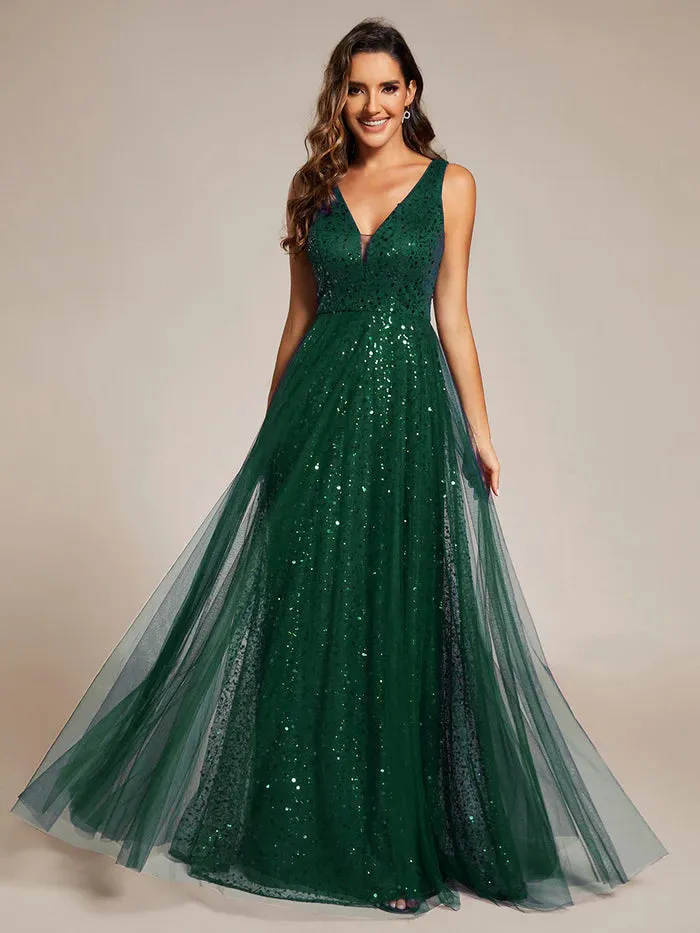 Elegant V-Neck Backless Sequin Evening Dress with Sleeveless