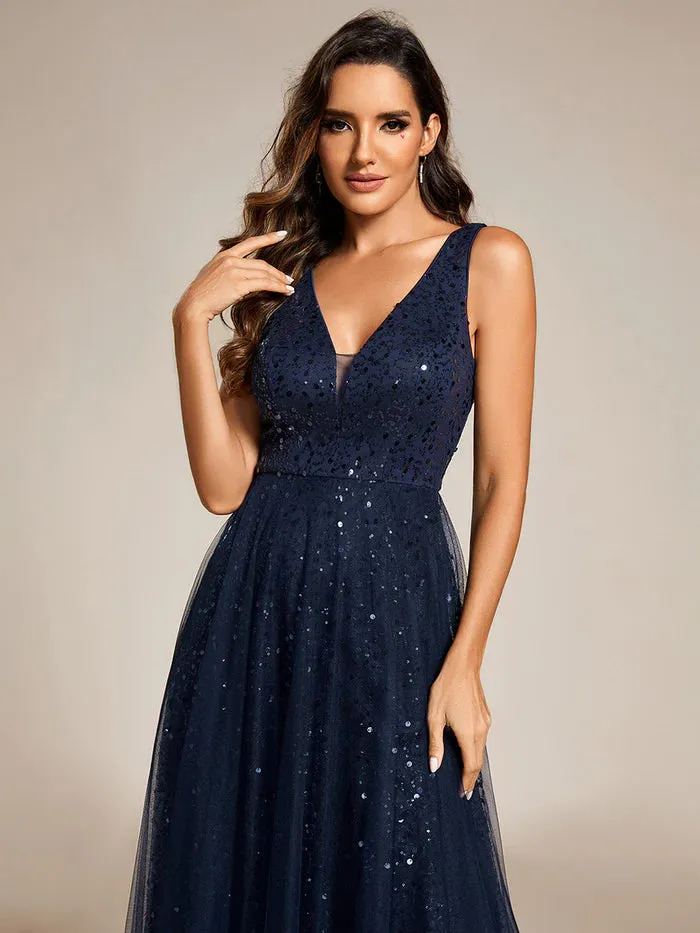 Elegant V-Neck Backless Sequin Evening Dress with Sleeveless