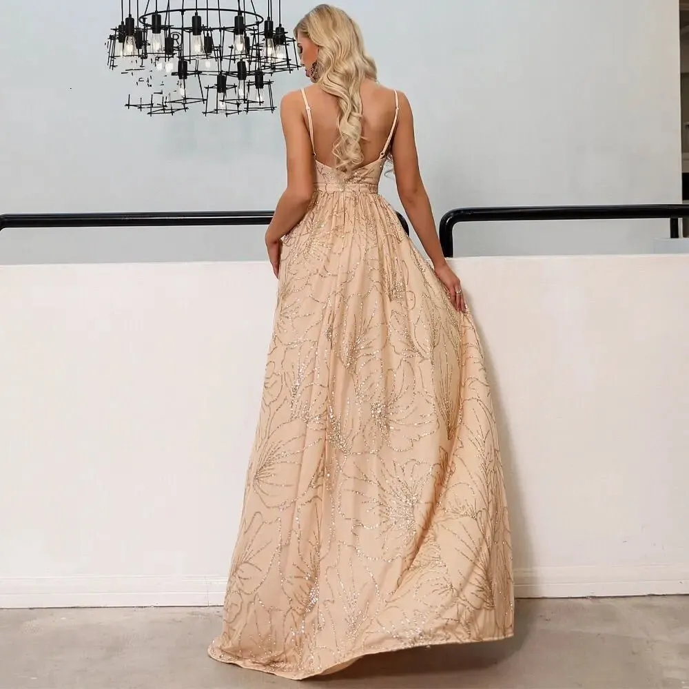 Gold Elegant Backless Glitter Maxi dress