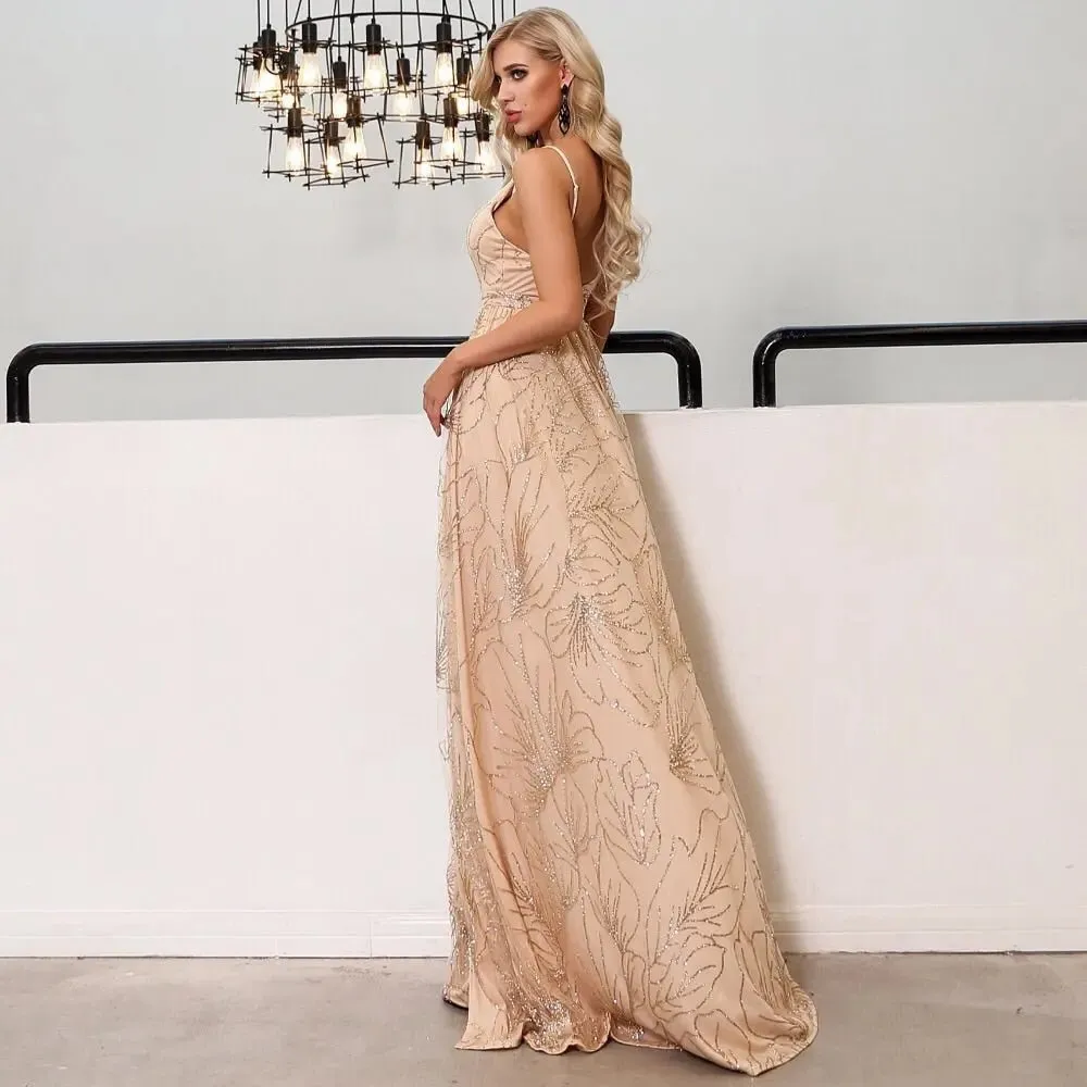 Gold Elegant Backless Glitter Maxi dress