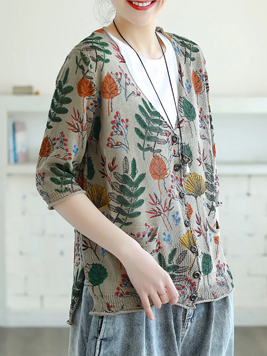 Leaf Printed Half Sleeve Women Knitted Shirt