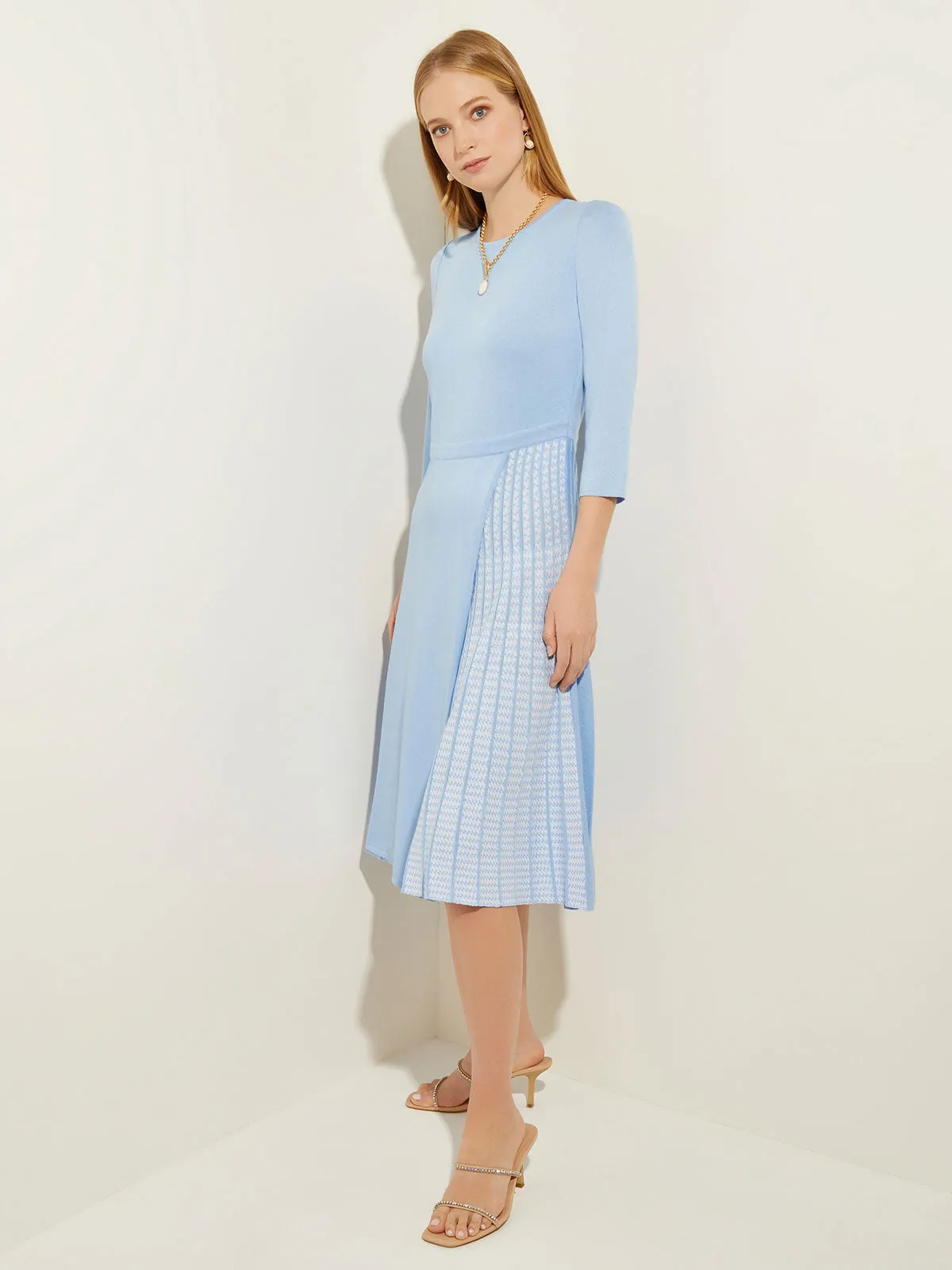 Pleated Contrast Panel Soft Knit Dress, Cirrus Blue