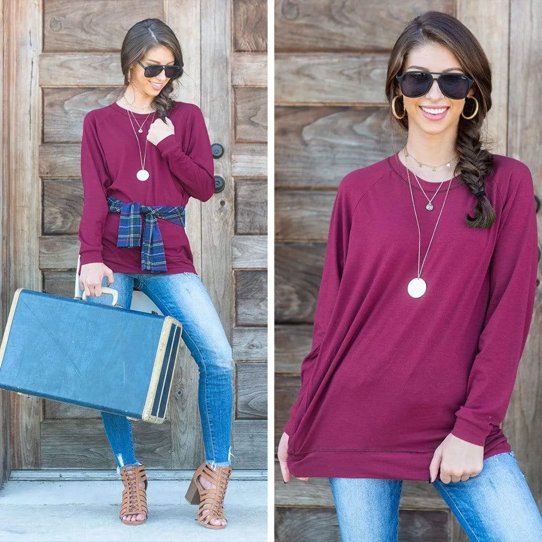 Slouchy Dolman Wine Red Long Sleeve Tunic