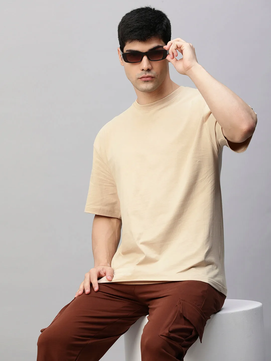 Solid Men Oversized T-Shirt - Beige