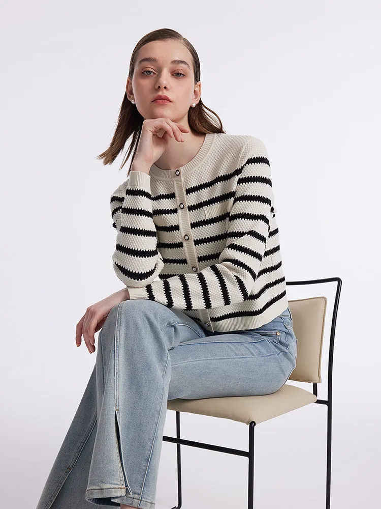 Striped Pearl Button Knitted Women Cardigan