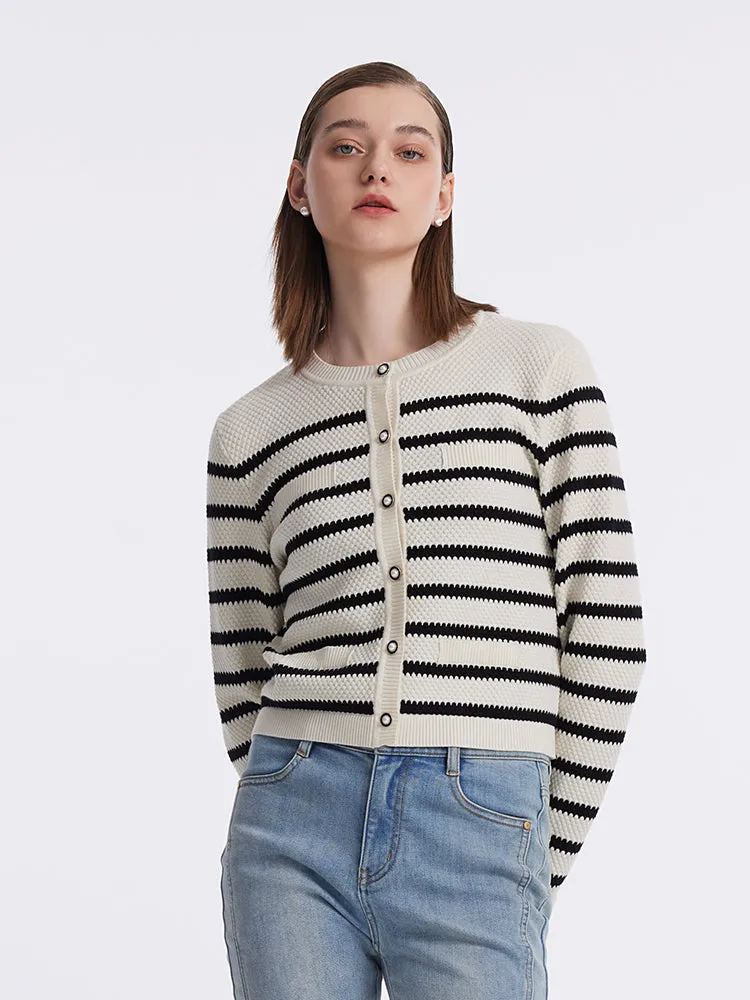 Striped Pearl Button Knitted Women Cardigan