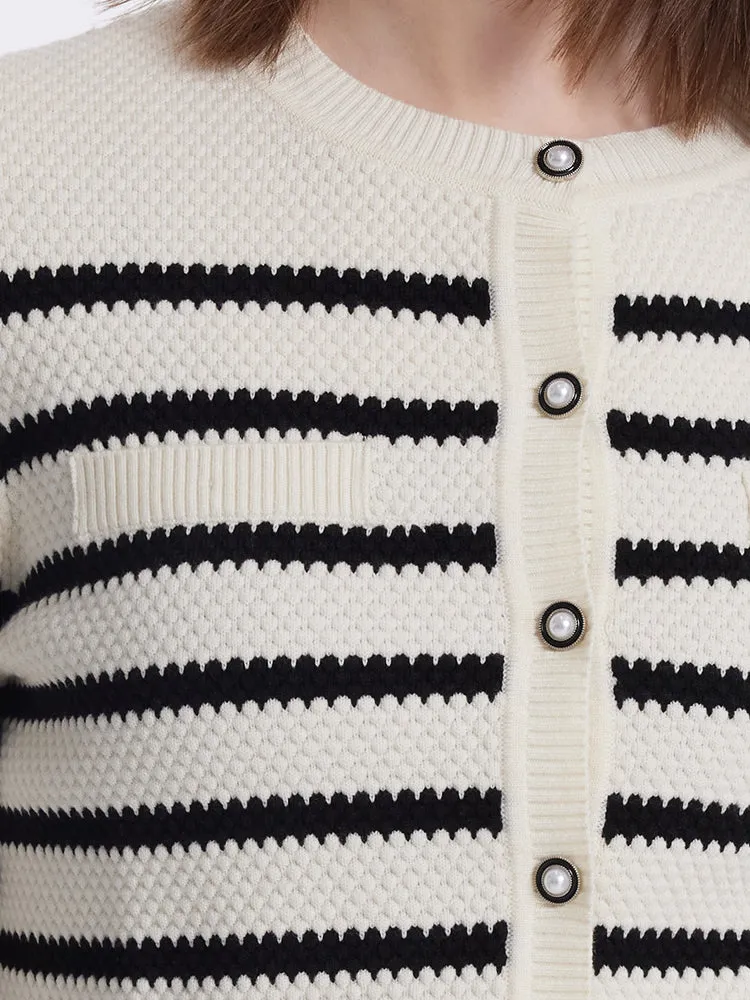 Striped Pearl Button Knitted Women Cardigan