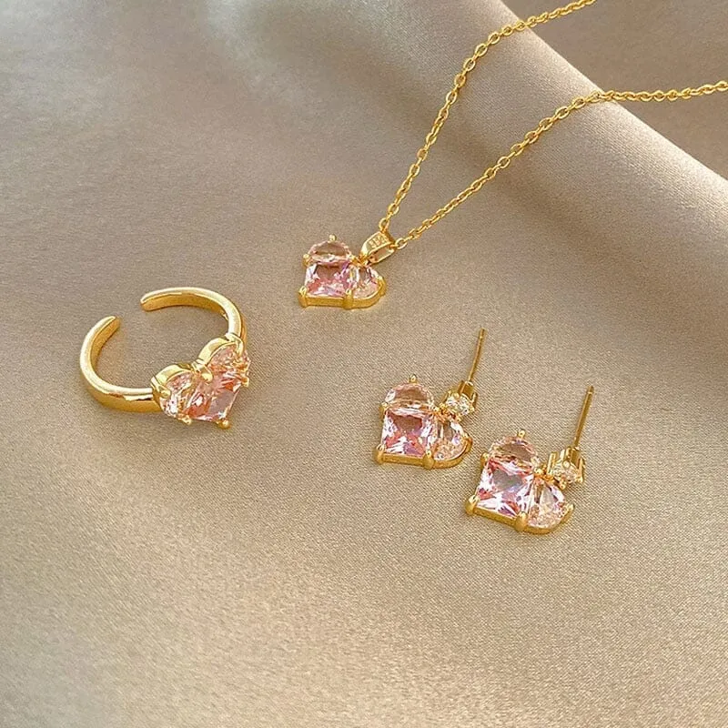 Trendy Unique Elegant Crystal Necklaces Pink Love Jewelry Set