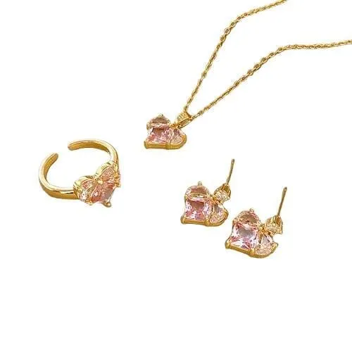 Trendy Unique Elegant Crystal Necklaces Pink Love Jewelry Set