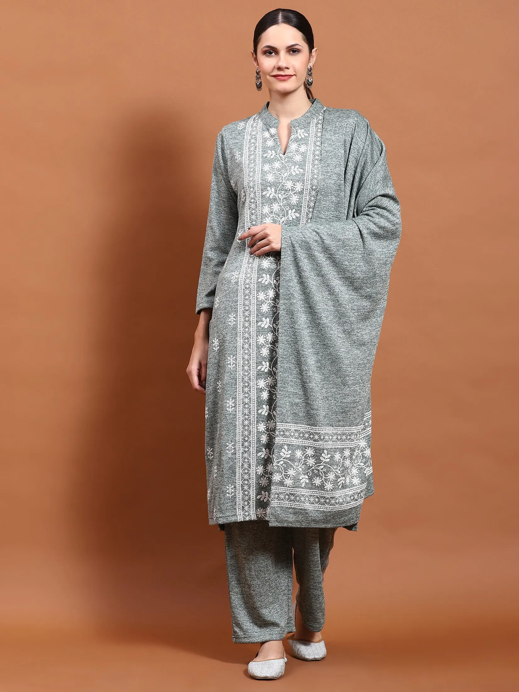 Winter Women Green Printed Kurta Bottom Dupatta