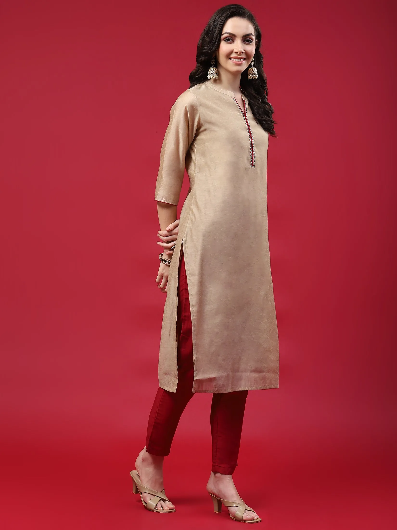 Women Beige Solid Kurta Trouser Dupatta