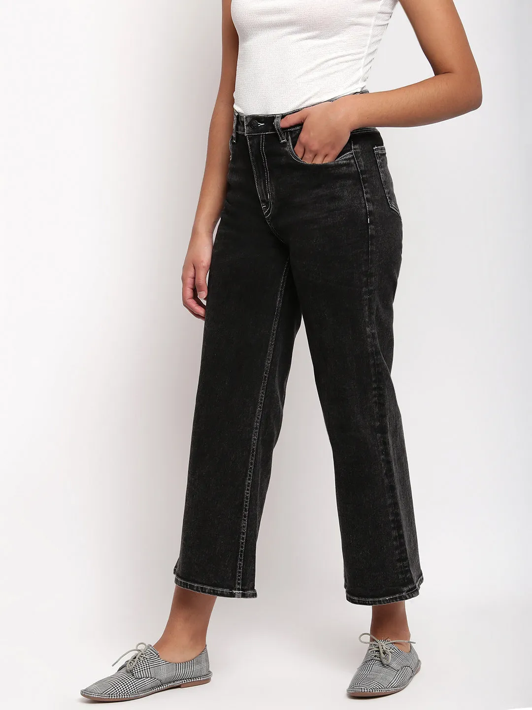 Women Black High Waist Flared Denim Jeans