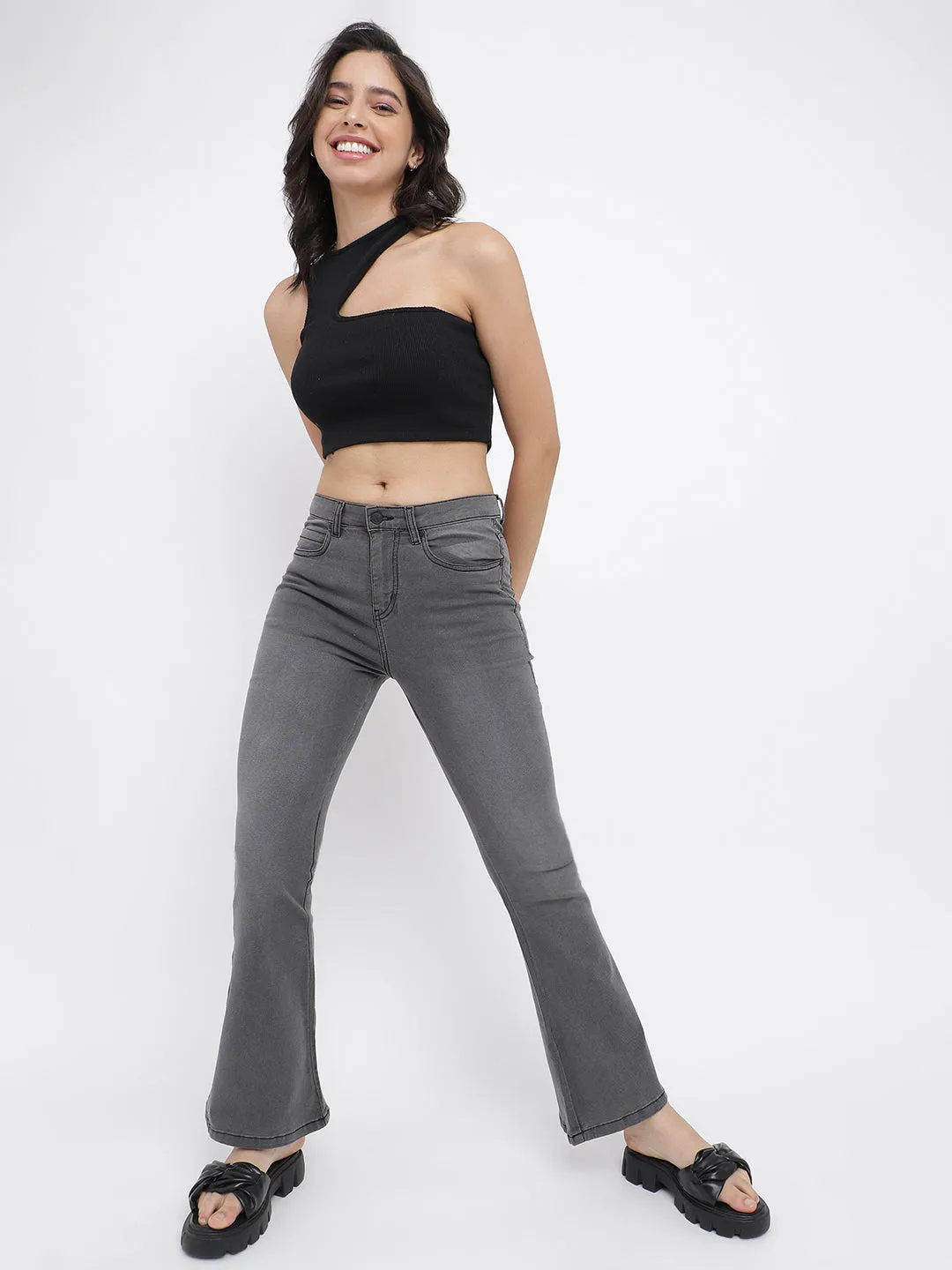 Women Grey Flared Lycra Washed Jeans