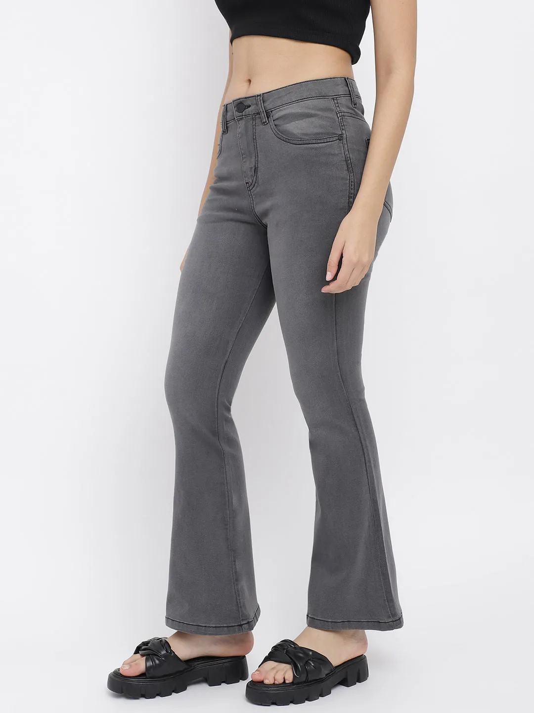 Women Grey Flared Lycra Washed Jeans